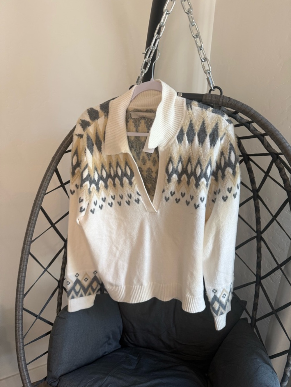 LOFT Cream Sweater with Gray Fair Isle Yoke NWT